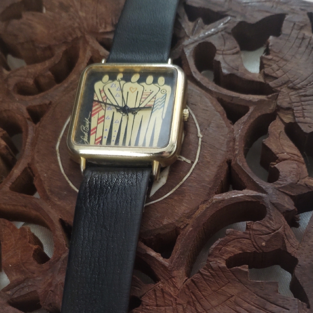 Rare Designer Authentic Laurel Burch Black Leather Strap Watch